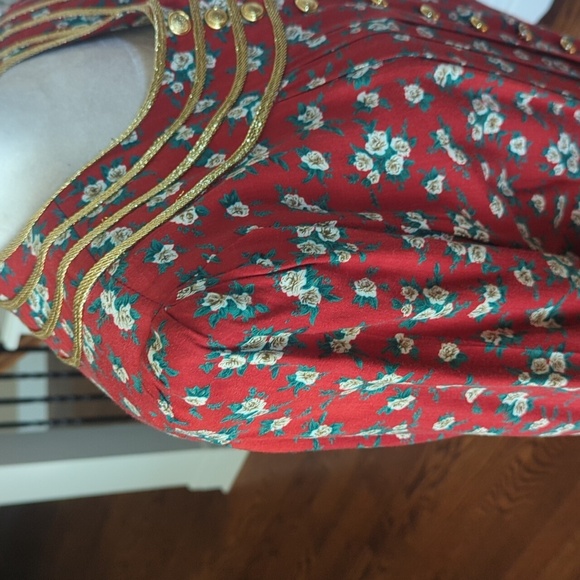 Vtg Plaza South Button Down Milkmaid Prairie Red Ditsy Floral Gold Trim Dress L - Picture 9 of 13
